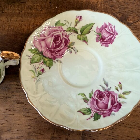 Aynsley Pink Cabbage Rose Teacup and Saucer Bone China England Green Gold Floral - Picture 6 of 7
